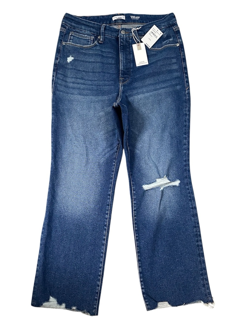 Good American Distressed Good Leg Straight Raw Hem Mid Rise Stretch Denim NWT - Picture 2 of 5